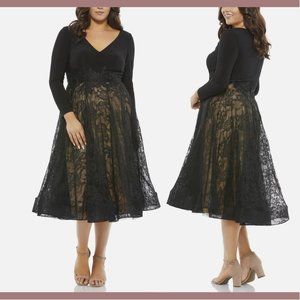 NWT $398 Mac Duggal‎ [ PLUS 20W ] Long Sleeve Jersey & Lace Cocktail Dress Black